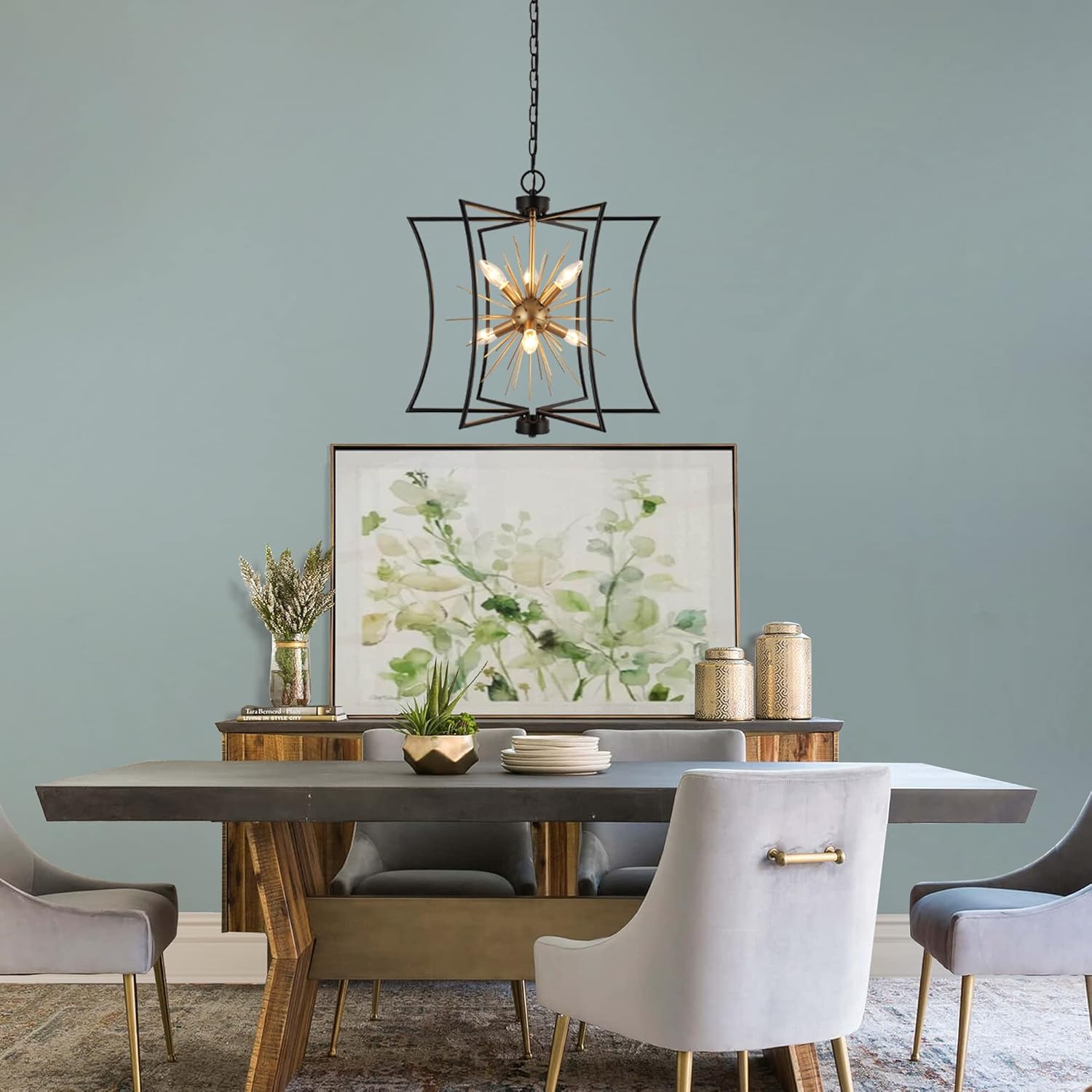 Durent Lighting Modern Black and Gold Chandelier, 6-Light Sputnik Pendant Chandelier Light Fixture with Starburst Design for Dining & Living Room, Bedroom, Kitchen, and Foyer