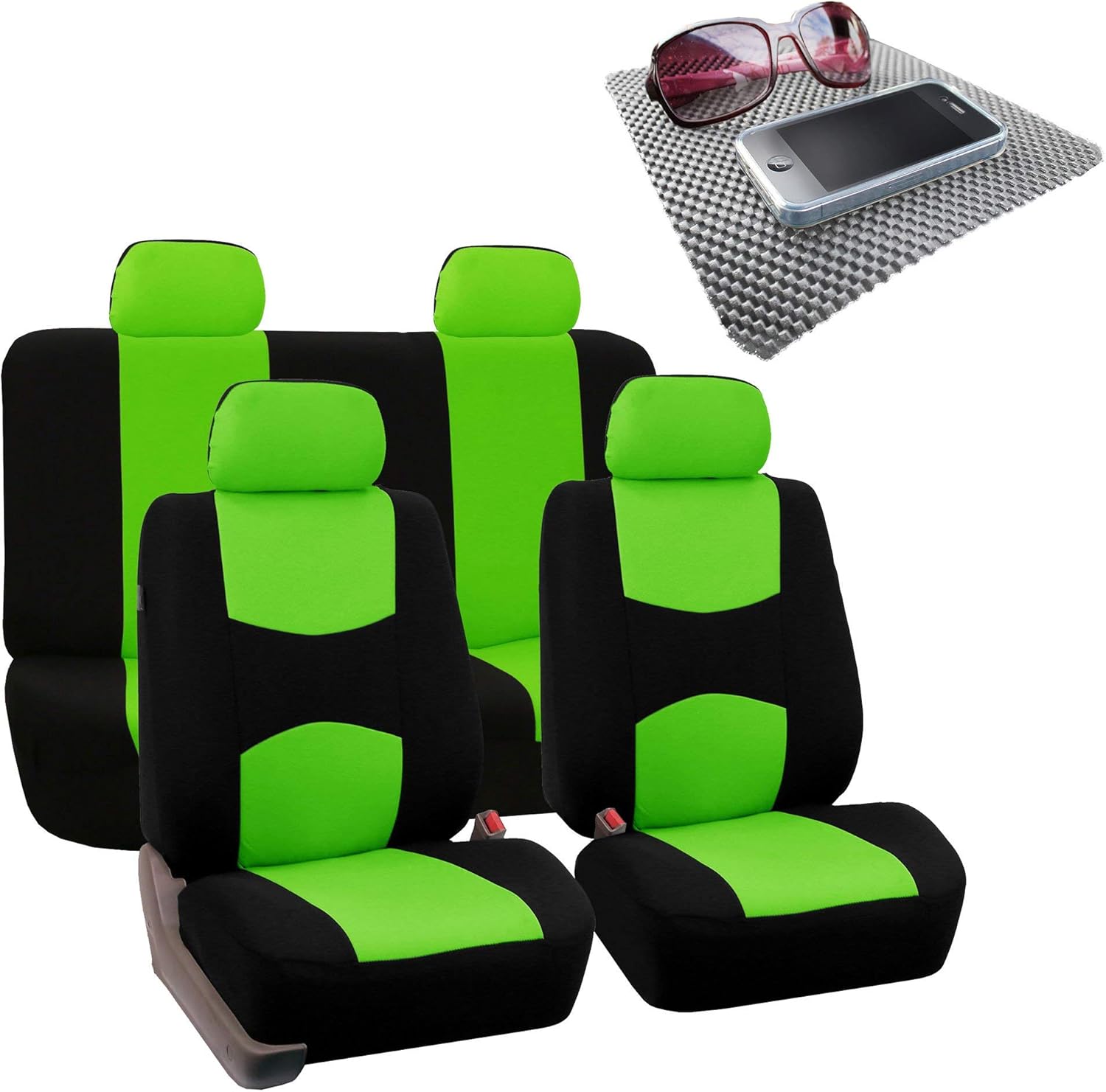FH Group Bright Flat Cloth Full Set Automotive Seat Covers Front Set and Rear Solid Bench Green Black Seat Covers w. Gift Universal Fit Interior Accessories for Cars Trucks and SUVs