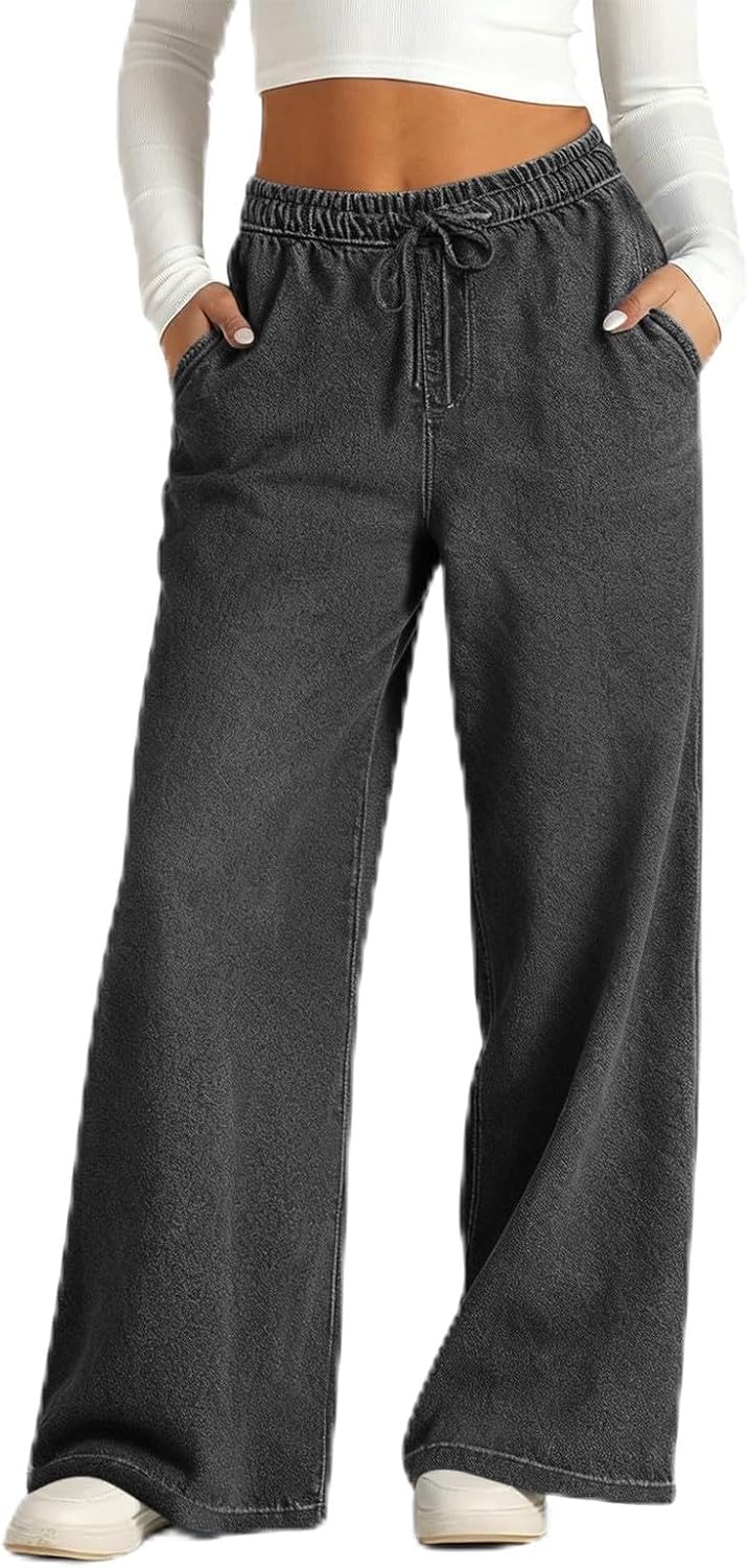 Women High Waisted Jeans Wide Leg Sweatpants Jeans 2026 Trendy Baggy Pull On Stretchy Denim Pants with Pockets