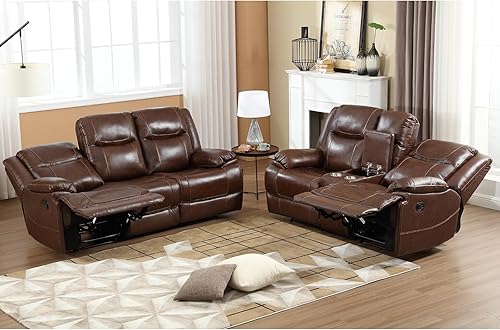 Miniatura 7 de EBELLO Juego de Sofá Reclinable Manual de Cuero Genuino, Sofá Reclinable Loveseat y Sofá Reclinable de 3 Asientos, Juego de Muebles de Sofá