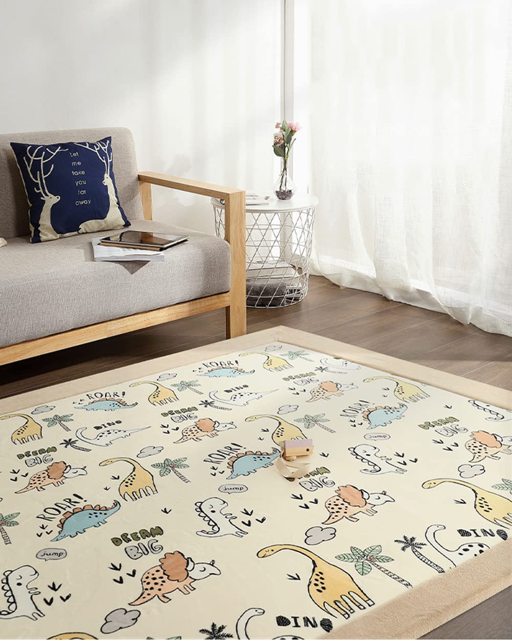 Spielmatte Krabbelmatte Baby Kinder Matte Babymatte Kinderzimmer Weicher Kinderteppich Faltbar Tier Dinosaurier, Farbe: Creme, Grösse: 100x200 cm