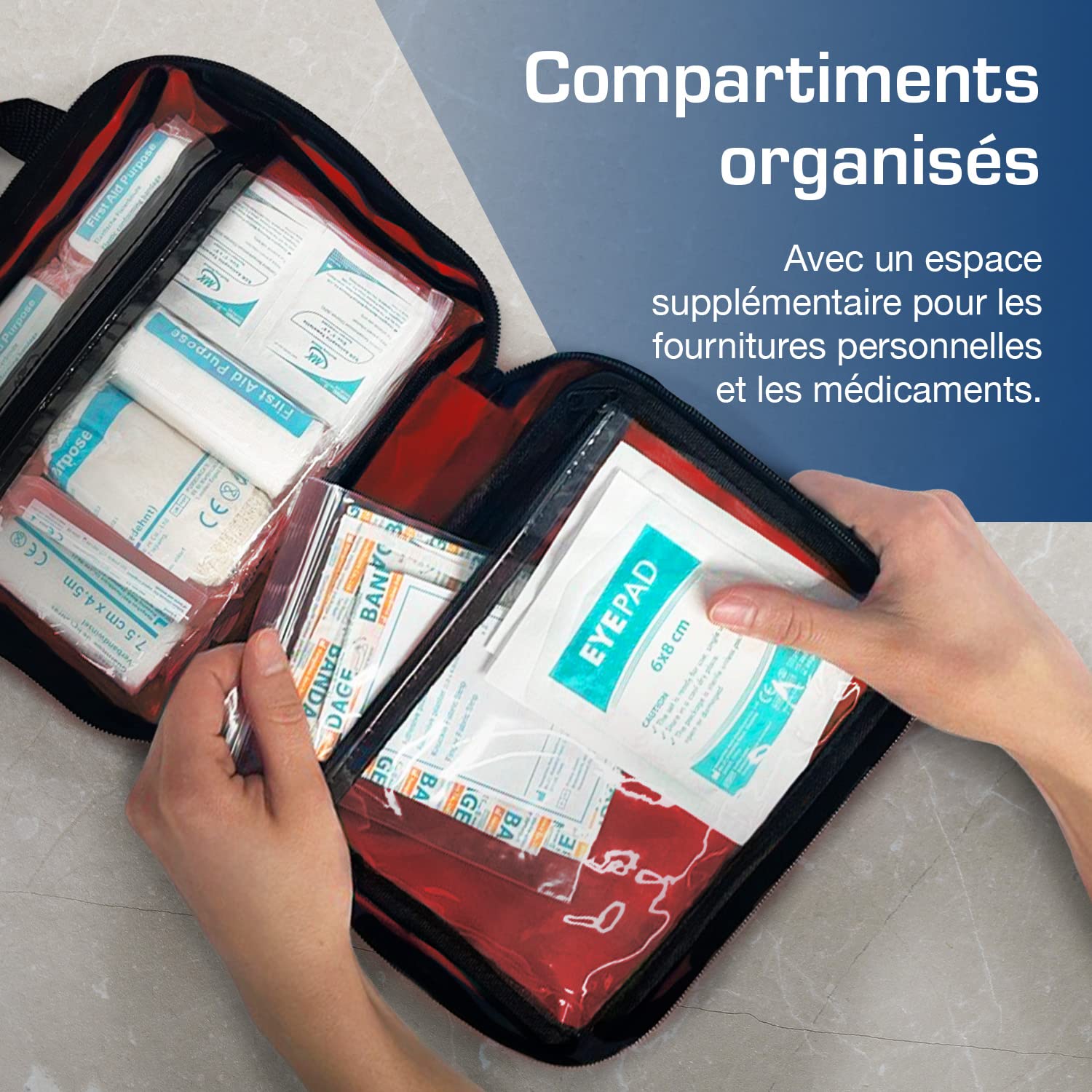 Trousse de Premiers Secours Composée de 90 Articles avec Packs de Froid Instantané, Sérum Physiologique et Couverture de Survie Isothermique