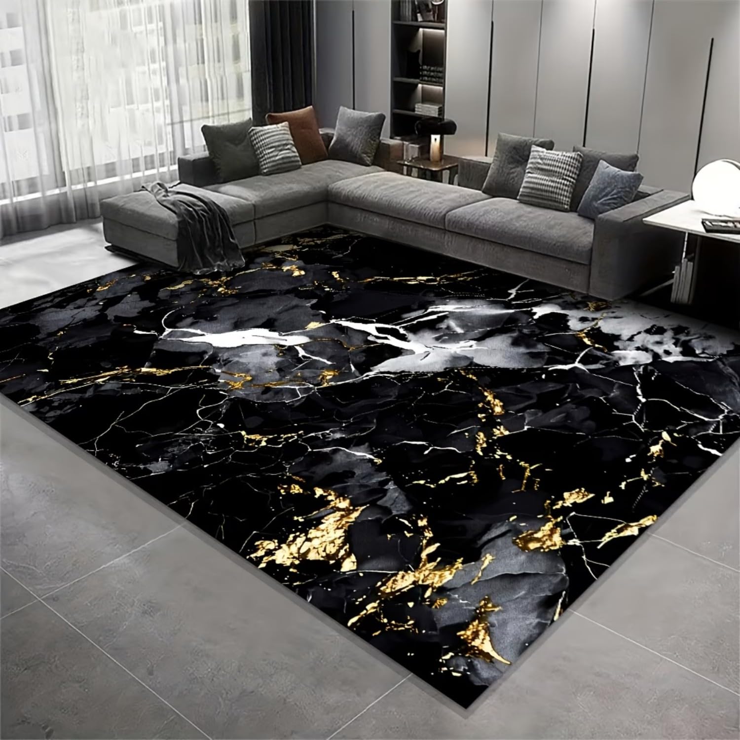 Marble Area Rug, 160x200cm Modern Black and Gold Abstract Geometric Art Decorative Carpet, Non-Slip, Washable, Stylish, Luxurious Indoor Floor Mat; Soft and Easy-To-Clean Rugs for Living Rooms Offices — image 1