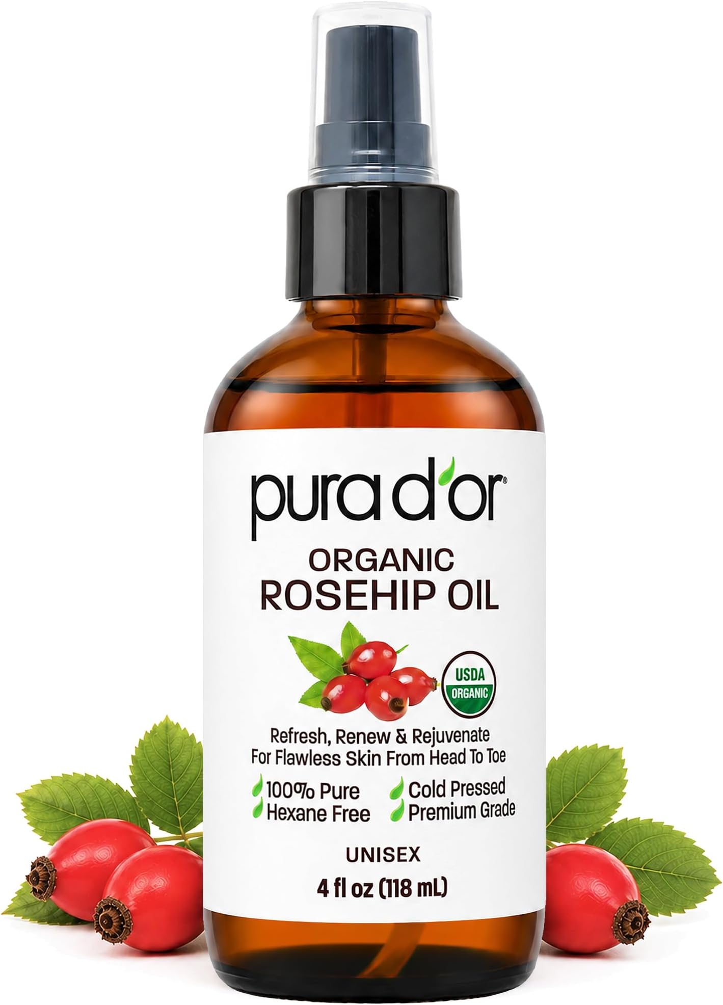 PURA D'OR ORGANIC Rosehip Seed Oil 100% Pure Cold Pressed USDA Certified For Hair, Skin, Scalp, Anti Aging Face & Body - Hexane Free Glass Bottle - 4 Oz - Hair Regrowth Tonic