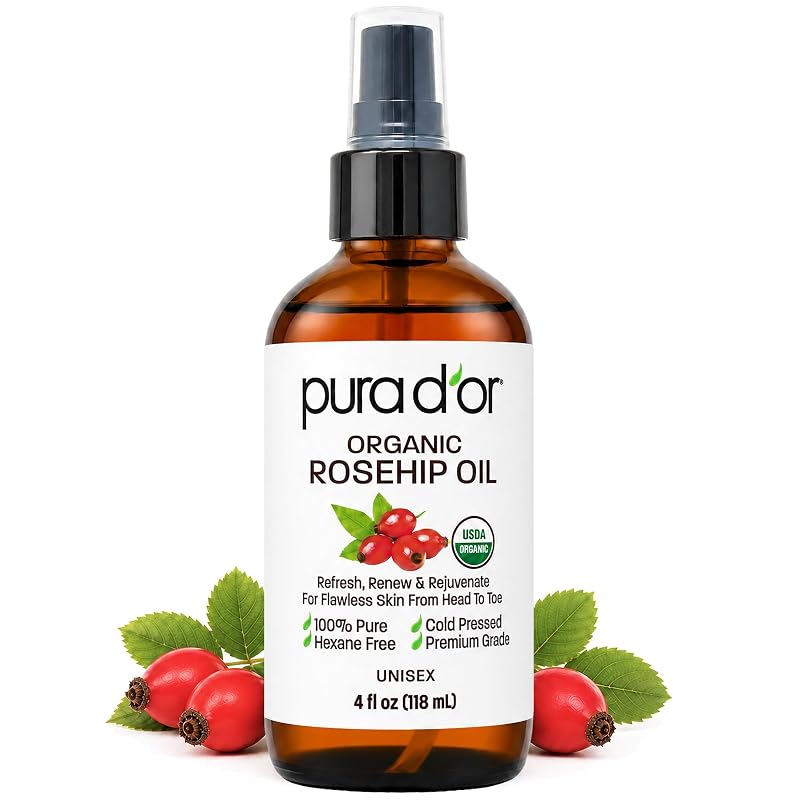 PURA D'OR Óleo de Semente de Rosa Mosqueta Orgânico USDA, Prensado a Frio, 120 mL, Pacote com 12