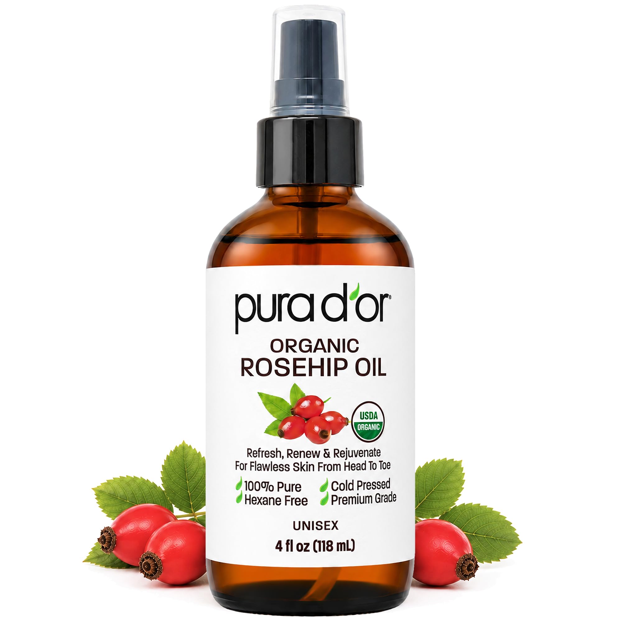 PURA D'OR ORGANIC Rosehip Seed Oil 100% Pure Cold Pressed USDA Certified For Hair, Skin, Scalp, Anti Aging Face & Body - Hexane Free Glass Bottle - 4 Oz - Hair Regrowth Tonic