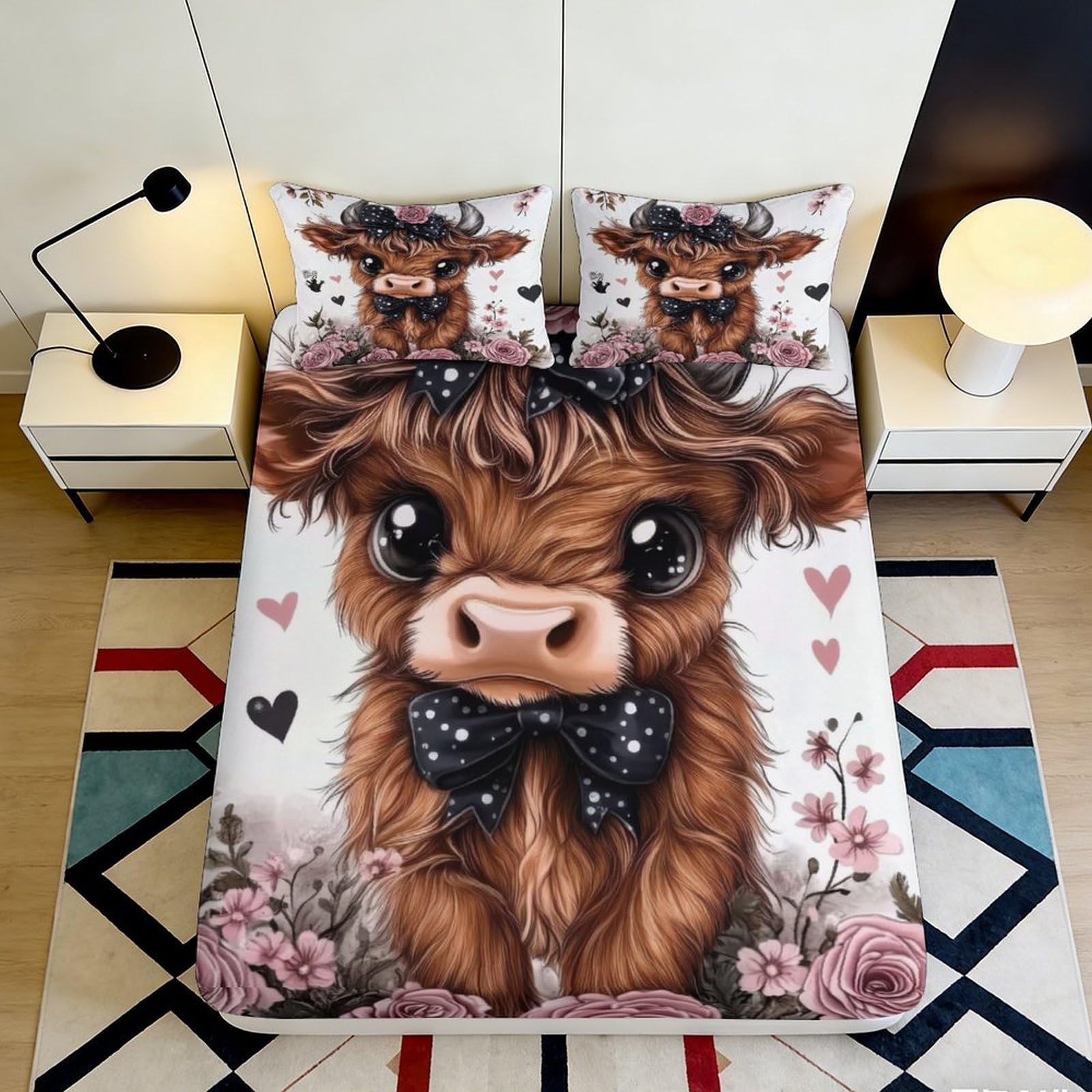 3D Printed Highland Cow Fitted Sheet Microfiber Cute Animal Cartoon Bed Cover Floral Decor for Bedroom Dorm Room 120x200x25cm