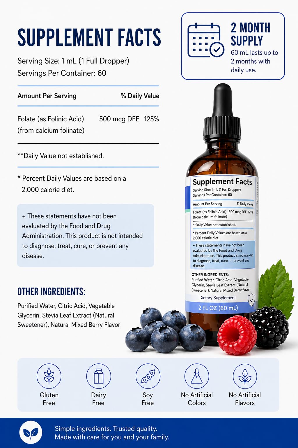 Folinic Acid Drops Kids & Adults - 500mcg Vitamin B9 Liquid Kids 60 mL | Methylation Support Supplement | Bioavailable Folate | Sugar Free, Non-GMO, Vegan | Gentle Methylation — Amazon image 9