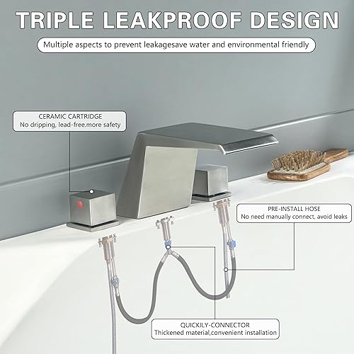 Miniatura 7 de LIWEIKE Juego de grifos de bañera romana de montaje en cubierta, níquel cepillado con 2 manijas para grifo de bañera de cascada de 3 agujeros
