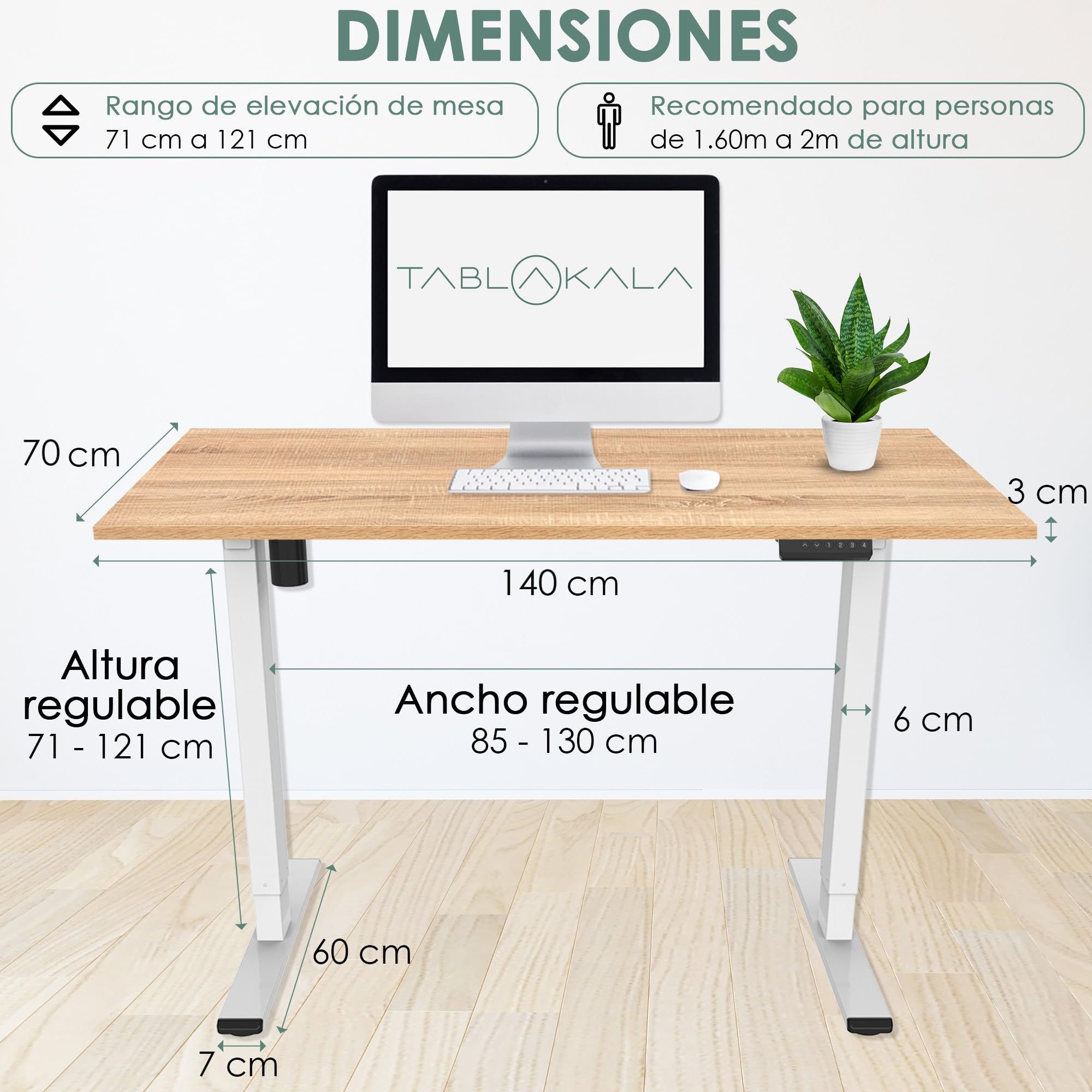 Escritorio Elevable Eléctrico | Tablero 140x70 cm Roble | Patas Blancas | Ajustable en Altura 71-121 cm | Standing Desk Ergonómico, Mesa Elevable