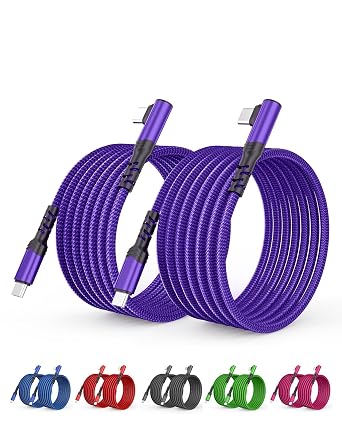 2-Pack USB C to USB C Cable 60W, 10ft+10ft Right Angle 90 Degree USB Type C Charger Fast Charging Cord for Samsung S22/S21 Ultra/Plus, MacBook Air/Pro, C-Port iPad mini/Air/Pro, Pixel 6/5/4/3Purple