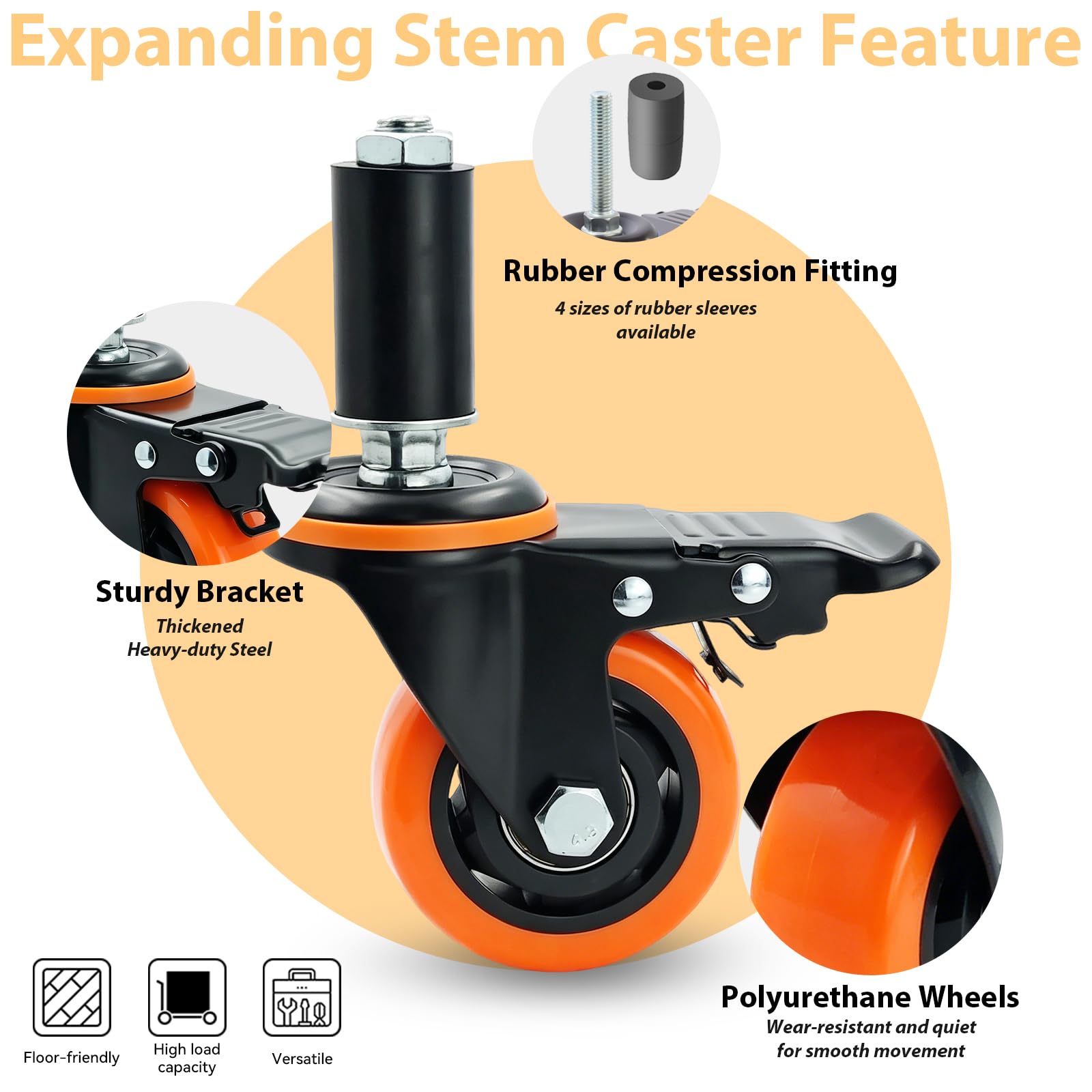 75mm Dilatabile Perno ruote per carrelli set da 4 con Freno Arancione, per carichi pesanti 400KG Totale capacità di carico, Si adatta 23mm/28mm/34mm/40mm Tuba Gamba, ideale per Prep Tables, Carrelli
