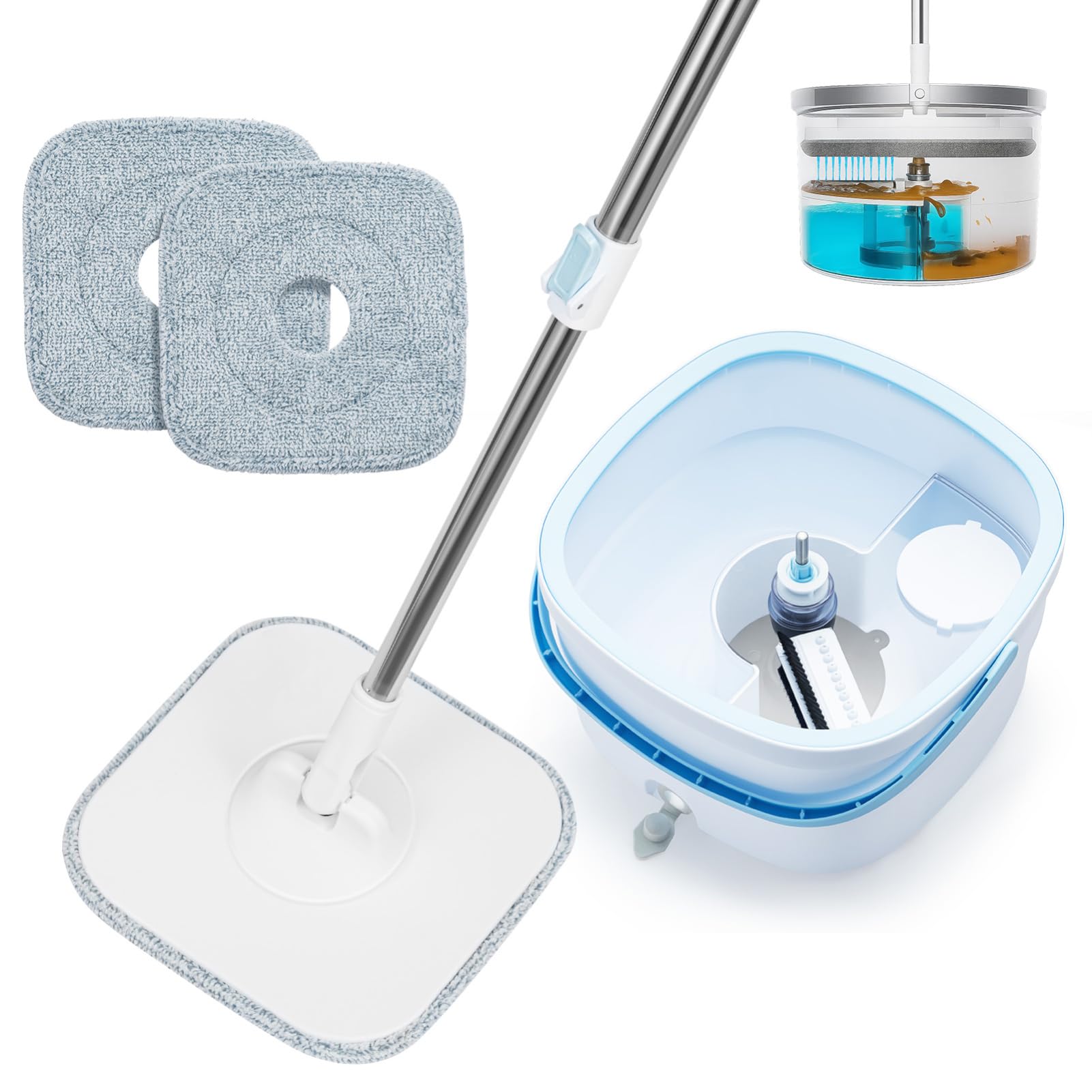 Trintion Wischmopp Set mit Eimer Selbstauswringender Bodenwischer mit 360° Drehkopf Edelstahl Wischsystem Mikrofaser Mopppads 2-In-1 Reinigungssystem Auswringbarer Mopp für alle Bodenarten, Blau