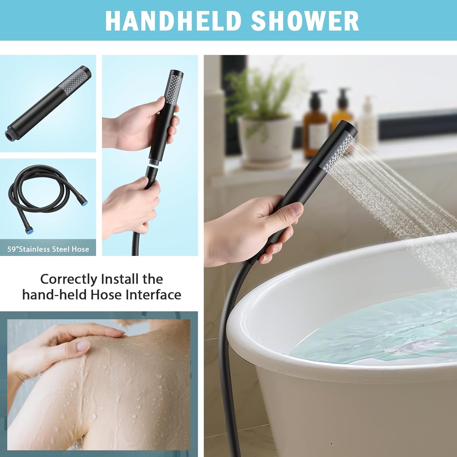 Freestanding Bathtub Faucet Floor Mount Free Standing Faucet Tub Filler Brass Bathroom Tub Faucets Swivel Gooseneck Spout with Hand Shower Mixer Taps Matte Black