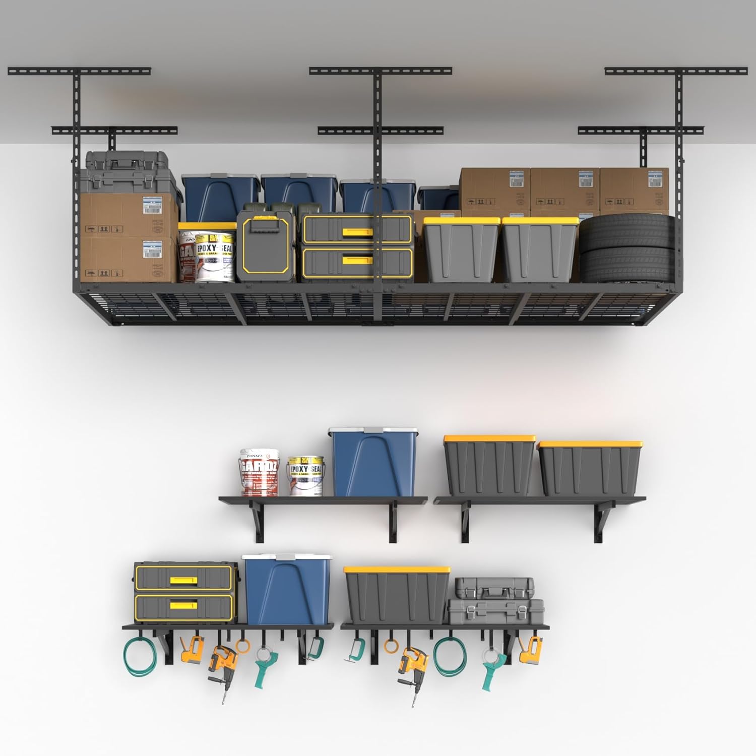 4X8FT Overhead Garage Storage Rack and 2-Pack 2x3ft Garage Shelving Wall Mounted