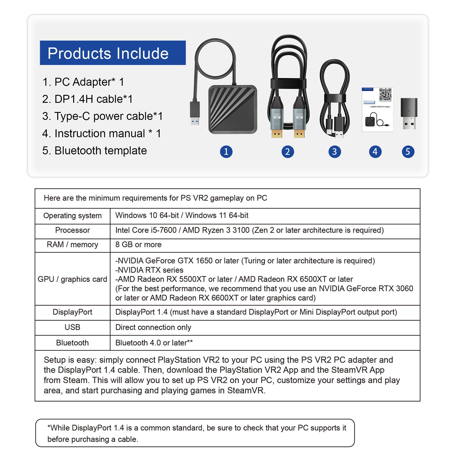 Adapter + odbiornik Bluetooth do PS VR2 do komputera z systemem Windows, zestaw adaptera PC do konwertera PS5 VR2, złącze z kablem zasilającym typu C i kablem DisplayPort 1.4 HD do