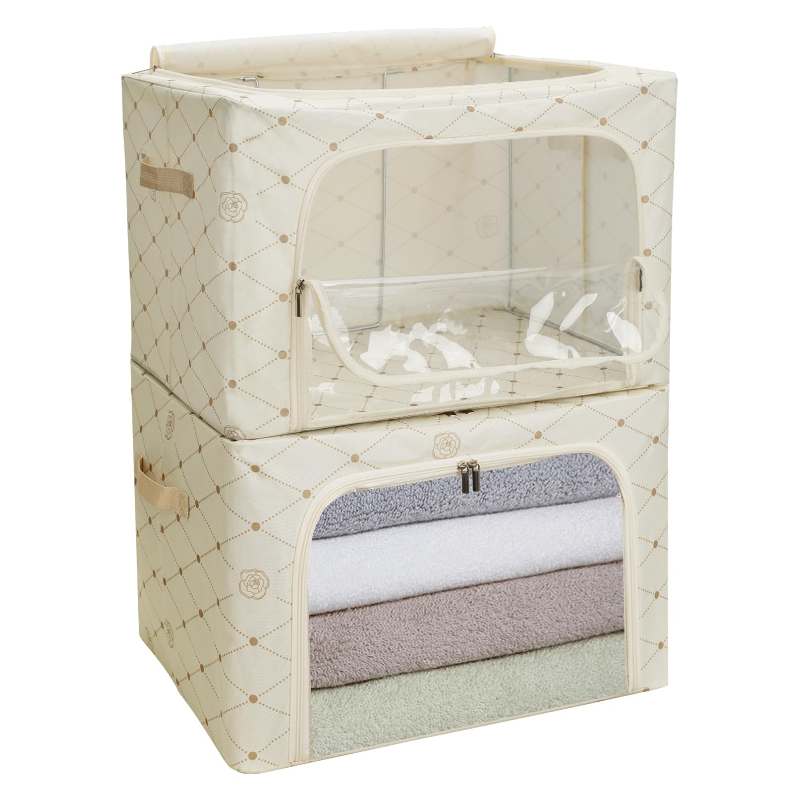 Cozary Cajas Almacenaje Ropa con Marco de Metal 2 Piezas 66L,Organizador Armario Apilable, Bolsas Almacenaje Ropa con Asa Reforzada y Ventanas Transparentes Adecuado, Para Edredones, Colchas