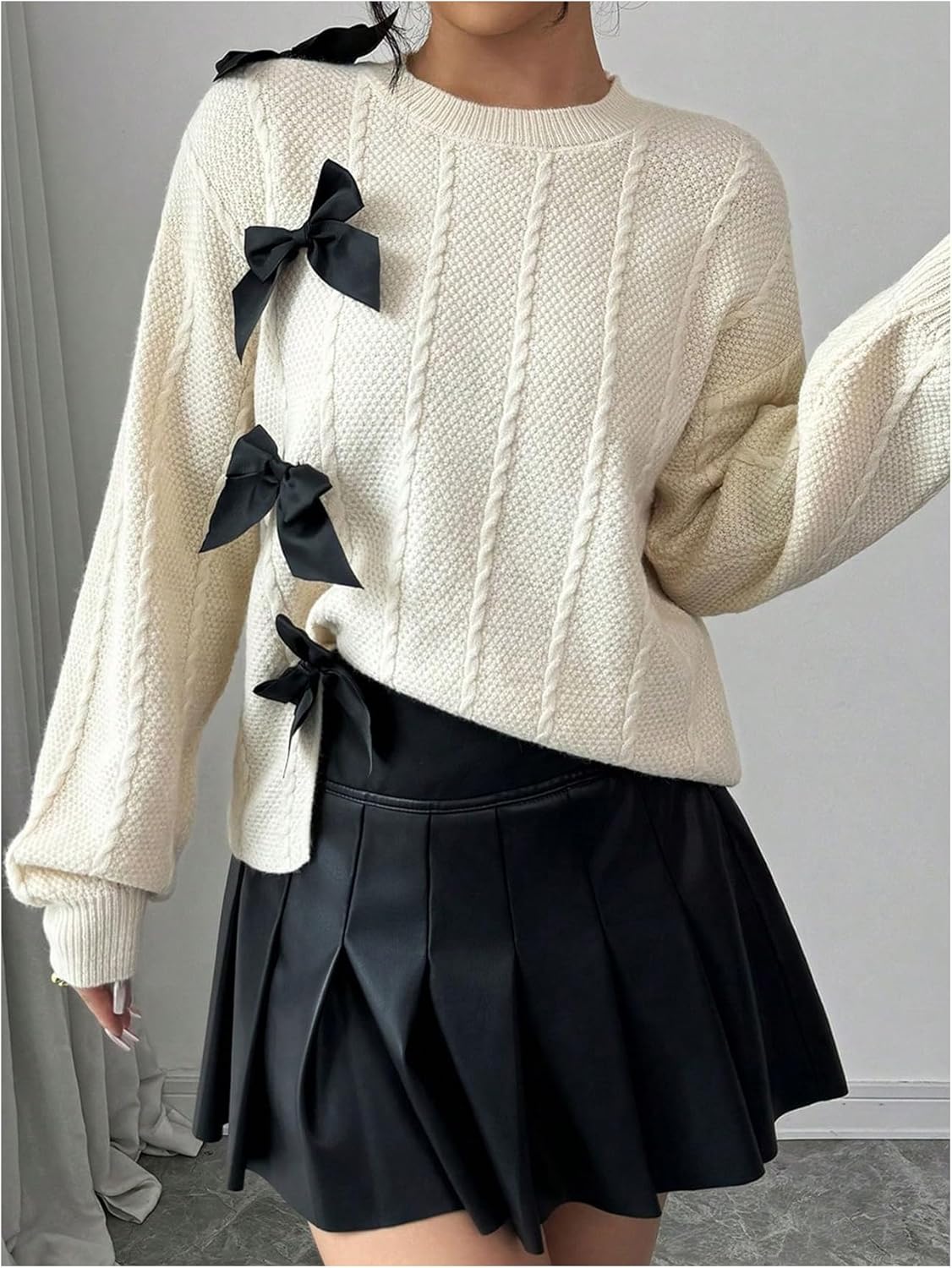 Verdusa Women's Color Block Bow Sweater Crew Neck Long Sleeve Drop Shoulder Pullovers - Image 3