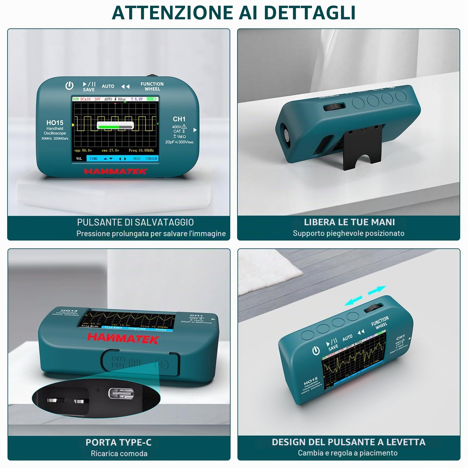 HANMATEK Oscilloscopio Digitale, Mini Oscilloscopio Portatile 50MHz 200MSa/s, 2 in 1 con Sorgente di Segnale, 2,8" TFT, Ricaricabile USB-C, HO15