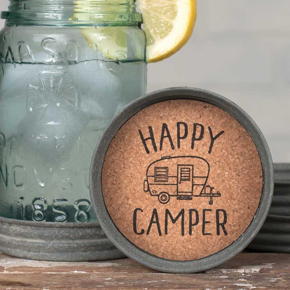 Happy Camper Mason Jar Lid Coaster Home Décor, 3.25" diameter x 1" tall, Grey, Tan, Black