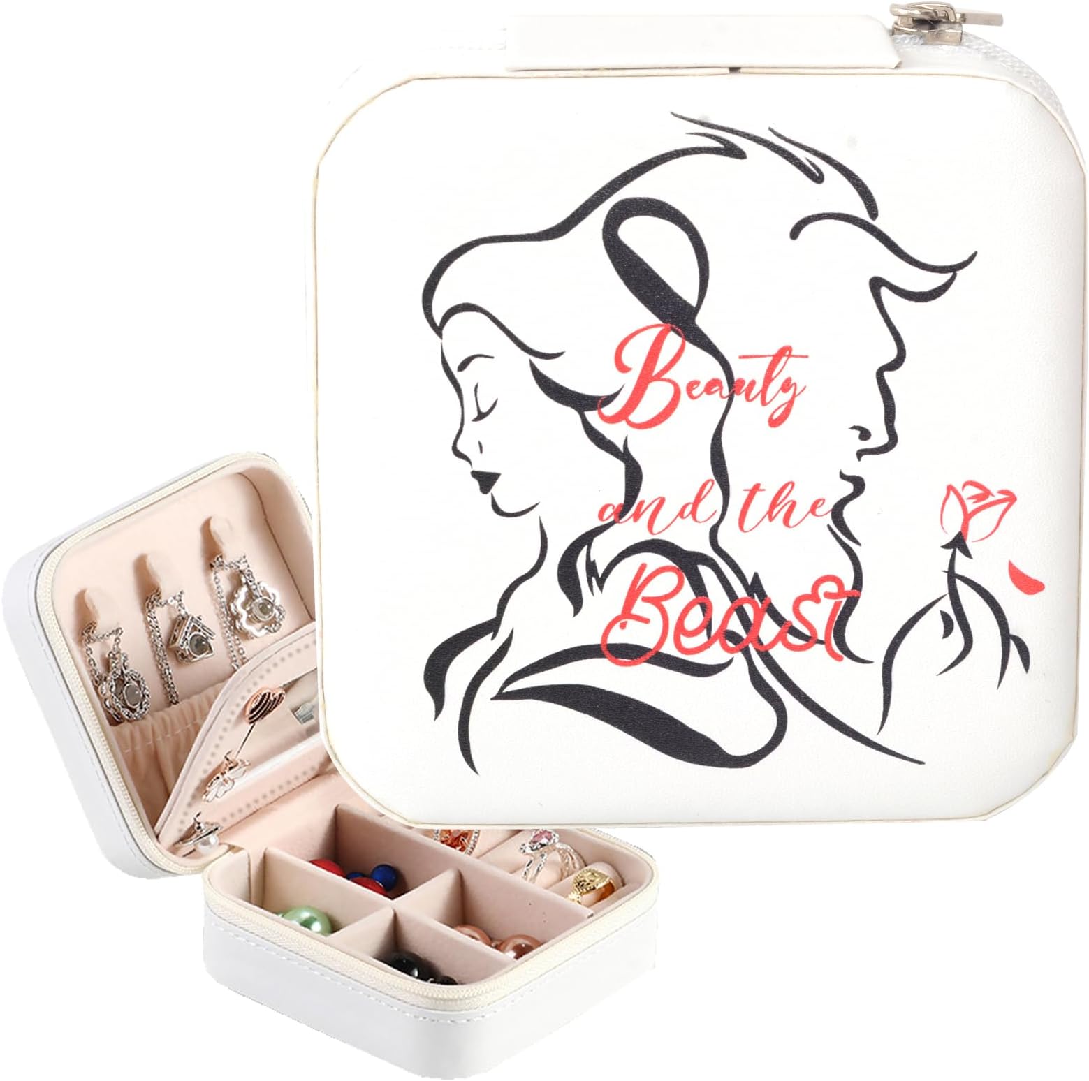KeastSmall Portable Travel Jewelry Box Organizer Storage Leather Jewellery Earrings Necklaces Ring Display Case Girls Women Gift (Beauty Beast)