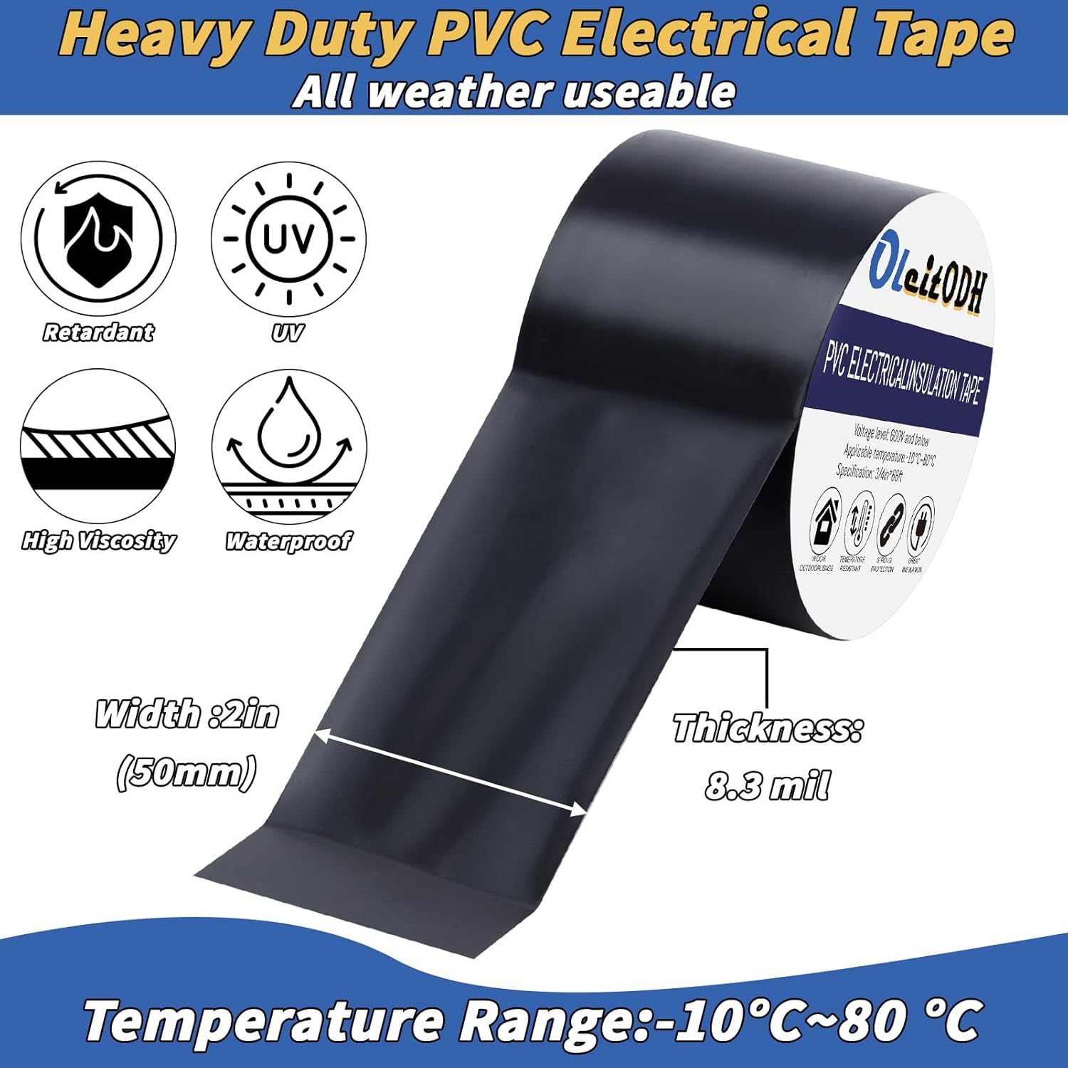 Oleitodh 6 Rolls Black Electrical Tape Bulk 2 Inch x 66ft, Waterproof Vinyl Electric Tape High Temp Insulation Tape for Electrical Protection Home Outdoor Electric Insulating Wire Wrapping