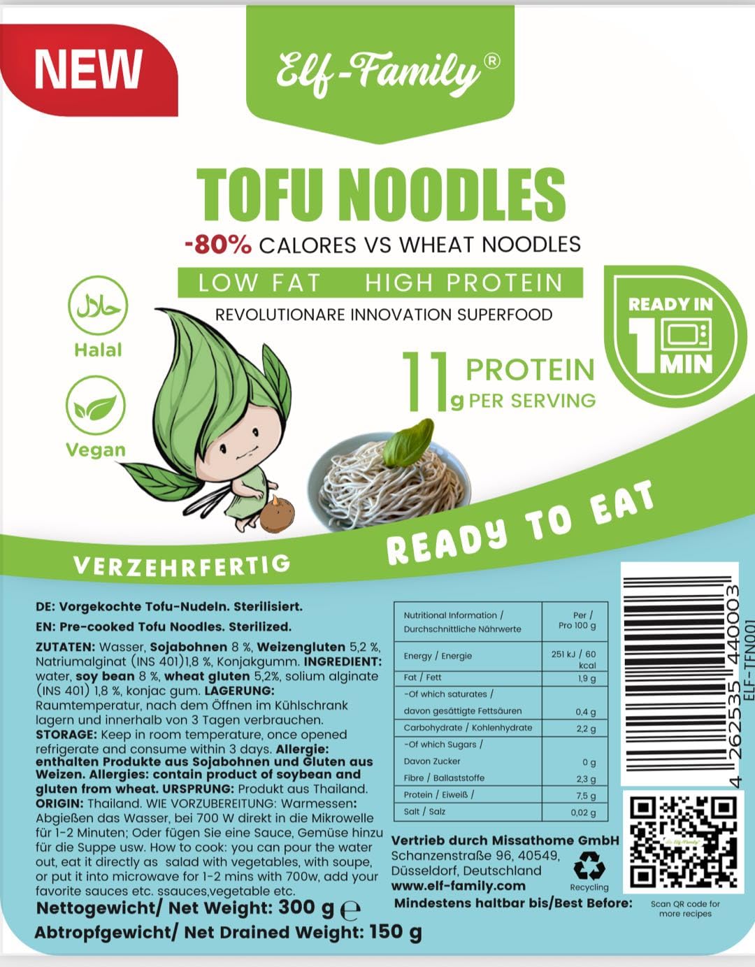 Elf-Family Fideos de tofu - (300 g × 6er) Fideos Instantáneos de Alta Proteína, Menos Carbohidratos, Baja en Carbohidratos, Vegana, Preparación Rápida, Auténtica de Tailandia, Baja Grasa y Sin