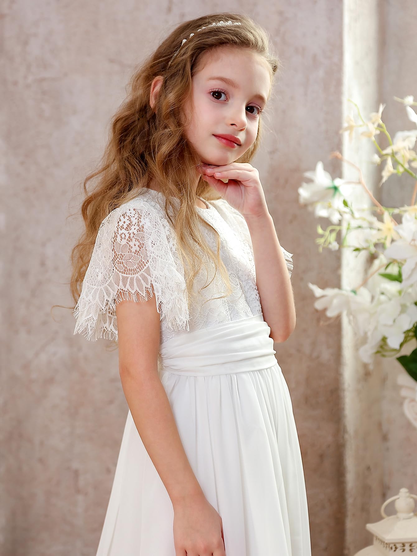 Aibaowedding Dziewczęca sukienka szyfonowa w stylu vintage, z falbankami, linia A, na wesele, imprezę, maxi, dla druhny, dla dziewczynki z kwiatami