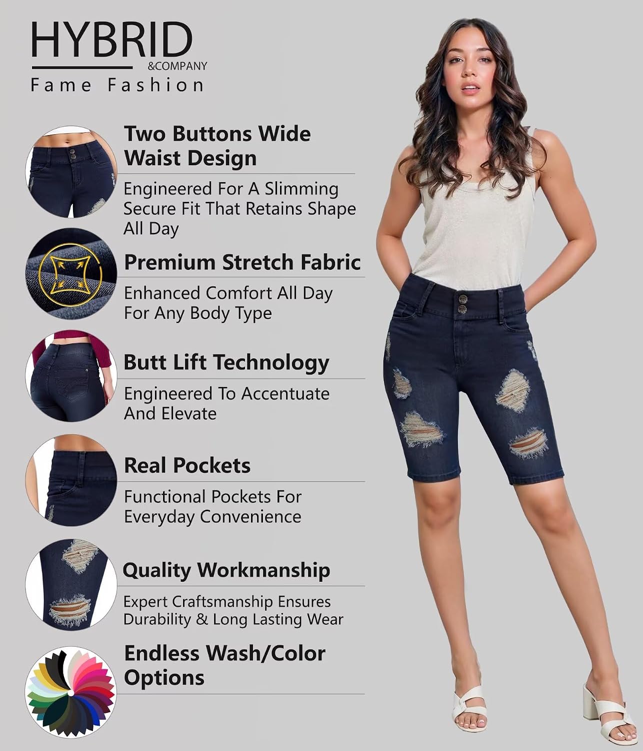 Hybrid & Company Women's Super Comfy Stretch Destructed Denim Bermuda Shorts Capri