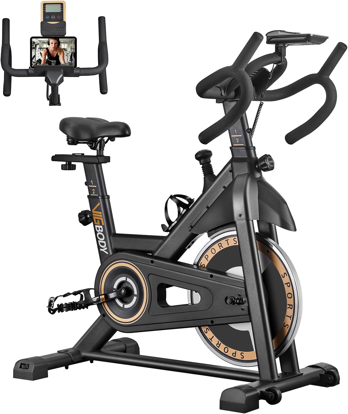VIGBODY Exercise Bike, Stationary Bike for Home Gym, Magnetic Resistance Indoor Cycling Bike w/Comfortable Seat Cushion & Ipad holder, LSilent Belt Drive Indoor Bike for Cardio Workout with 330lbs Weight Capacity