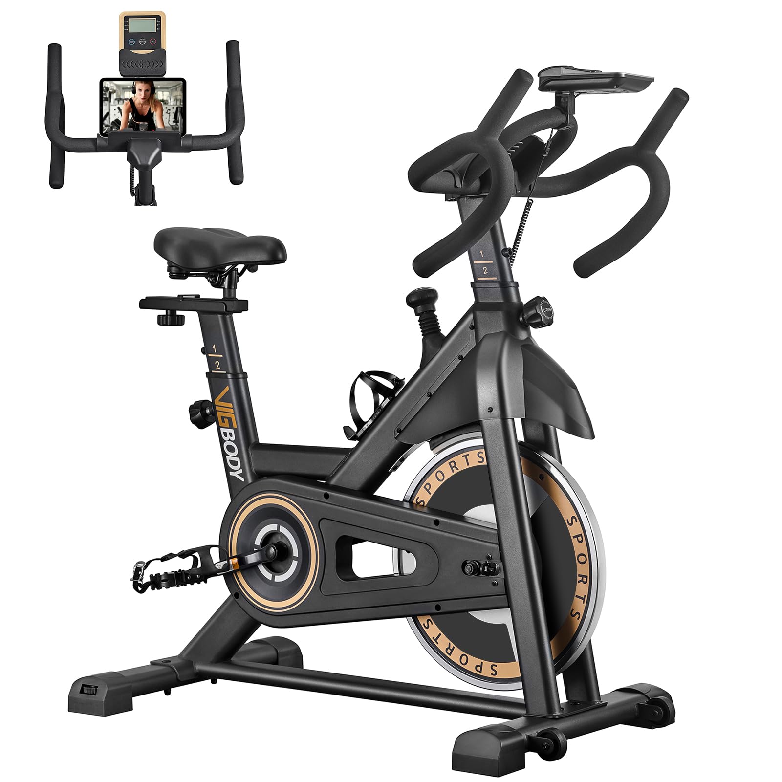 Indoor Cycling Bike Stationary, VIGBODY Exercise Bike Ipad Holder with LCD Monitor Comfortable Seat for Home Cardio Workout Indoor Fitness Training Bike