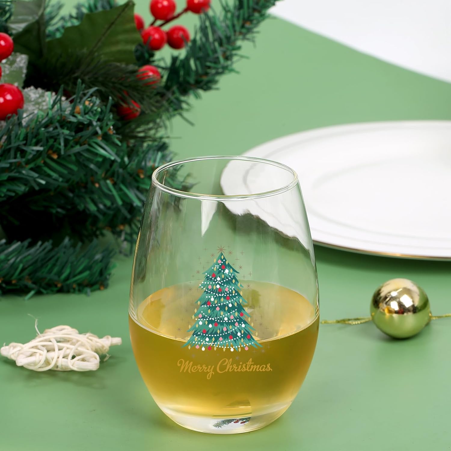 Jogskeor Merry Christmas Wine Glass, Christmas Tree 15Oz Stemless Wine Glass, Christmas Gift for Women Men Famliy, Friends, Dad, Mom for Christmas Holiday Wedding Party - Image 4