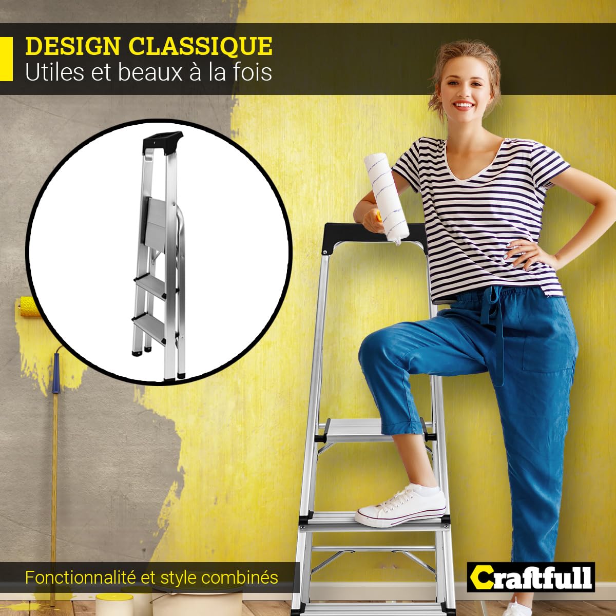 𝐂𝐑𝐀𝐅𝐓𝐅𝐔𝐋𝐋 Échelle en Aluminium CF-133B | 3-6 marches - Pliable - Jusqu’à 150 kg - Échelle ménagère avec Espace de Rangement - Échelle - Escabeau
