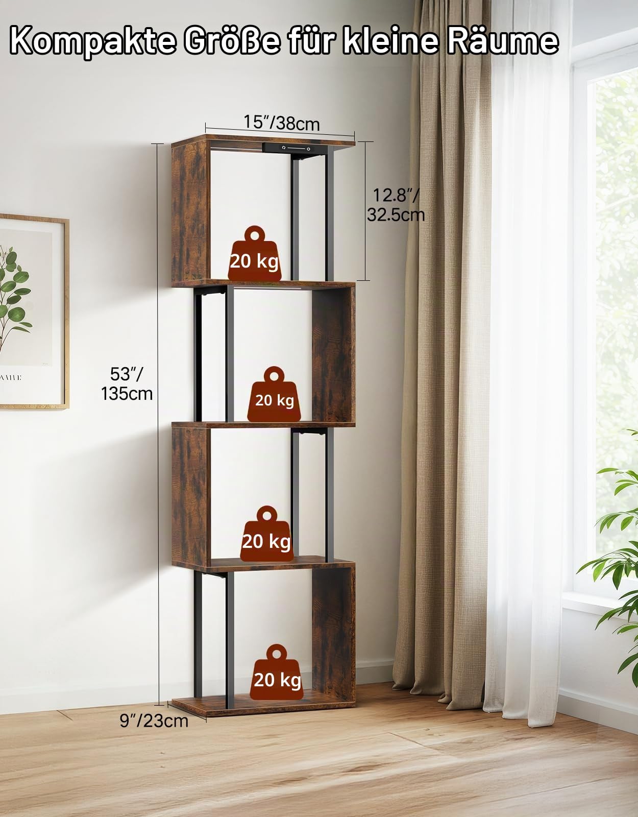 5 Ebenen S-förmiges Bücherregal mit LED-Beleuchtung, 3 Farbtemperaturen, Touch- und Fernbedienung, Dimmbares Standregal, Kleines Ausstellungsregal für Wohnzimmer, Schlafzimmer, Büro.