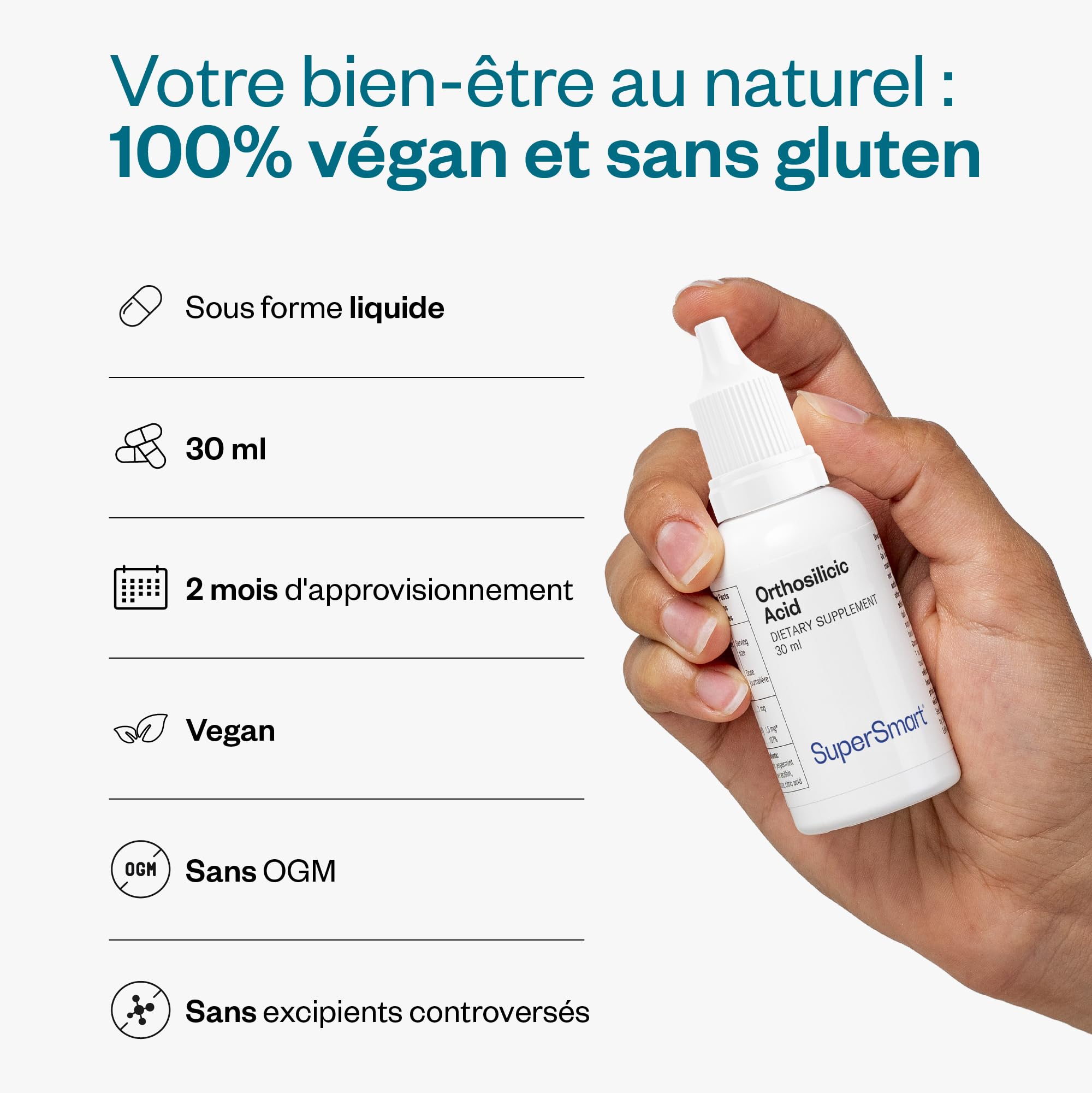 Acide Orthosilicique - Soutient la Santé de la Peau et des Cheveux - Renforce la Santé des Os - Enrichi en Vitamine B12 et en Choline - Vegan - Sans Gluten - SuperSmart