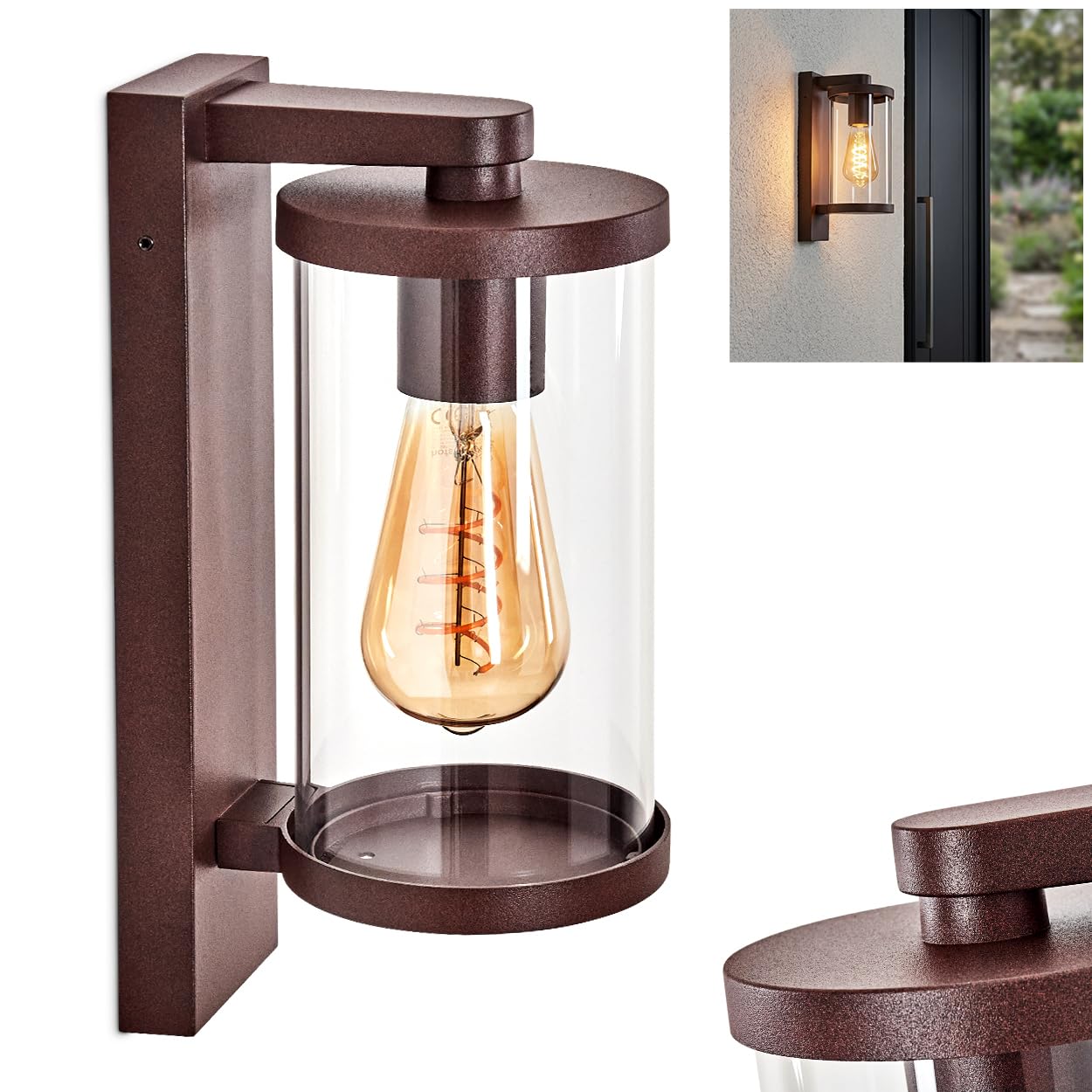 HOFSTEIN Außenwandleuchte Telhada, Außenwandlampe aus Metall/Glas in Rostfarben/Klar, moderne Wandleuchte Down im Retro/Vintage/Industrial-Stil, E27, IP44, Eingangsbereich, Haustür, Hof