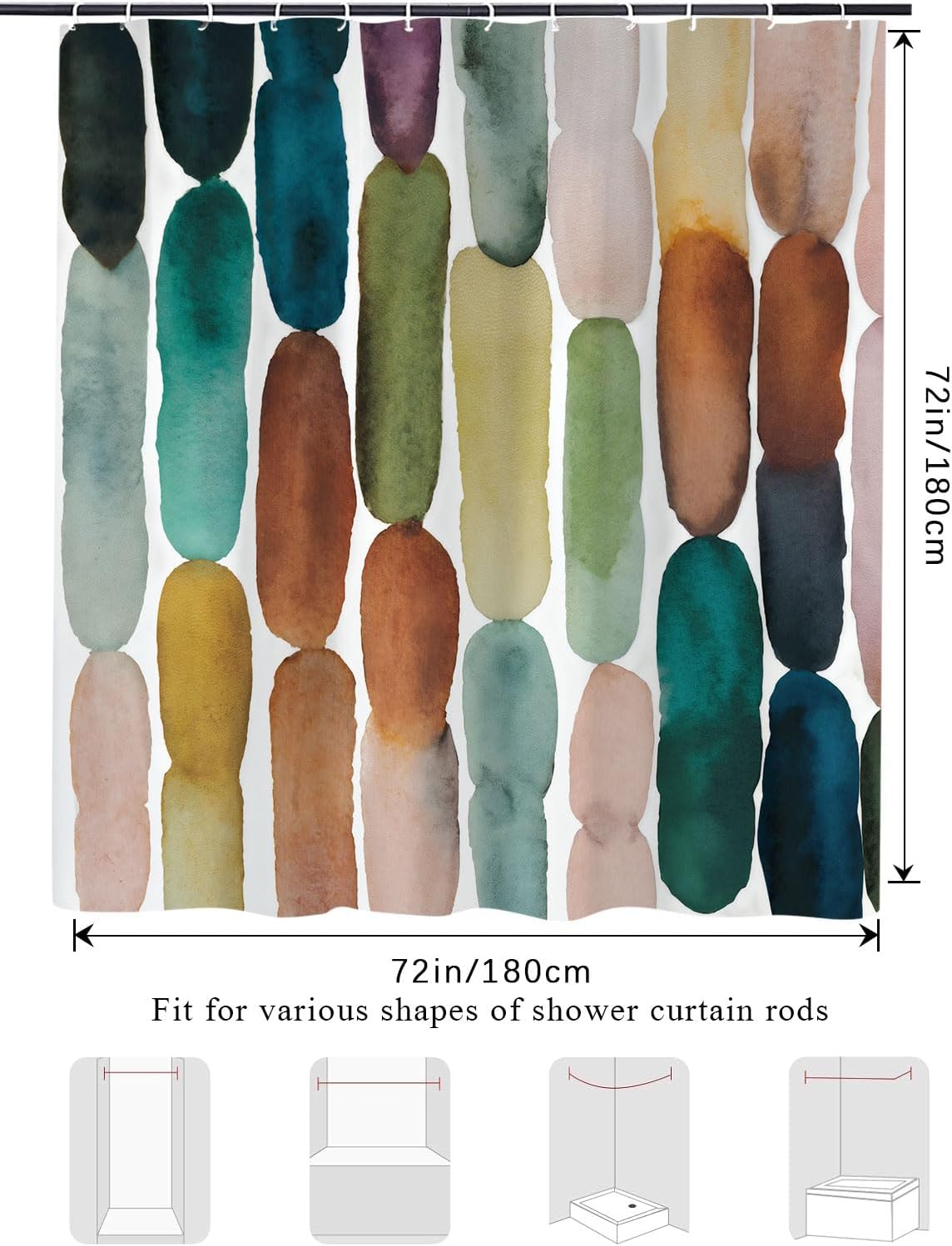Modern Oval Shower Curtain, Watercolor Abstract Artistic Stripes Shower Curtains for Bathroom, Unique Pattern Olive Green Teal Yellow Brown Blue Decor Fabric Shower Curtain Sets 12 Hooks 72X72 IN
