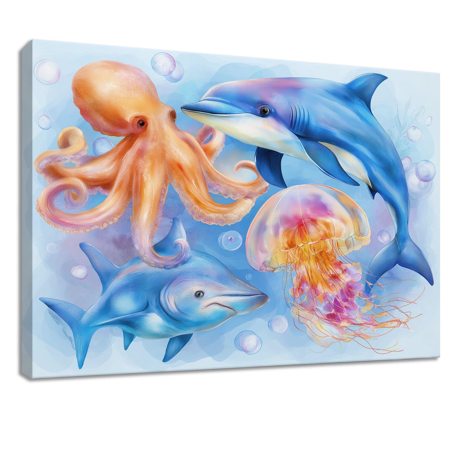 Obraz na płótnie z kreskówki 120 x 60 cm niebieski zwierzę delfin ośmiornica meduza - obraz na płótnie na drewnianej ramie i dekoracja do salonu i sypialni