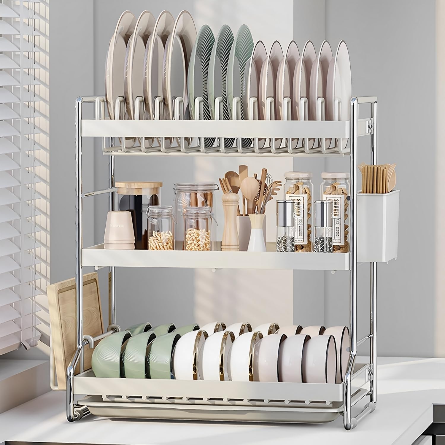 Beauenty Dish Drying Rack, Large 3 Tier Stainless Steel Dish Drainer Rack, Over the Sink Plate Rack with Utensil Holder, Kitchen Countertop Organizer, Rustproof Space Saving Drainboard Detachable Tray