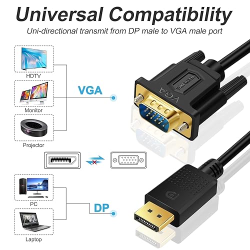 Miniatura 2 de Displayport to VGA Cable, DisplayPort to VGA Adapter DP to VGA Cable Male to Male Gold-Plated for Computer, Laptop, PC, Monitor, TV, Projector (3