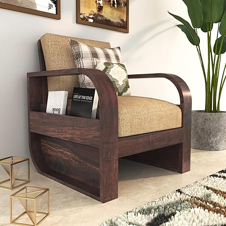 MetalTree Solid Sheesham Wood 1 Seater Sofa Set | Wooden Sofa Set for Your Living Room with Brown Cushions 1 Seater Sofa Set (Walnut Finish)