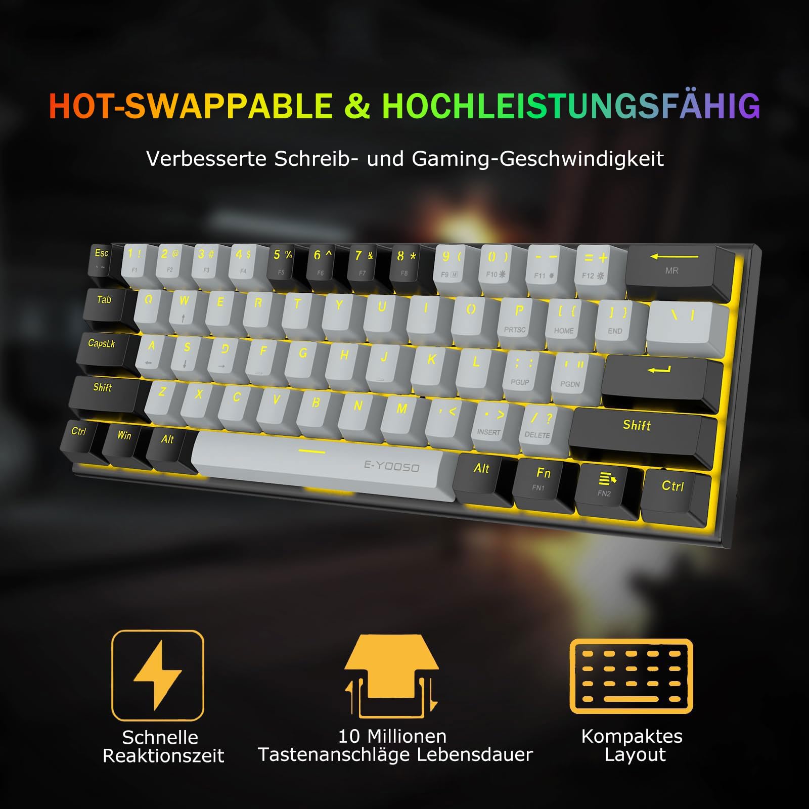 E-Yooso Z11 Clavier mécanique 61 touches, commutateurs rouges, clavier de jeu QWERTY filaire avec rétroéclairage LED, clavier d'ordinateur ultra compact à 60 % pour Windows (gris noir)