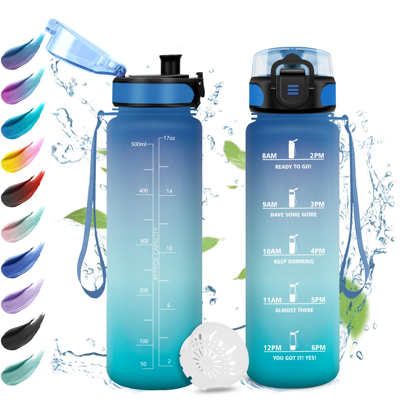 KollyKolla Trinkflasche 500ml, Wasserflasche mit Filte, Sport Trinkflaschen Kohlensäure Geeignet,mit Zeitmarkierungen, Auslaufsicher für Picknick, Schule, Junge, Mädchen, Büro