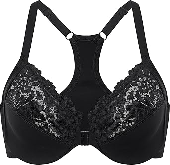 DELIMIRA Womens Racerback Front Closure Bras Lace Plus Size Full Coverage Underwire Unlined Support Bra