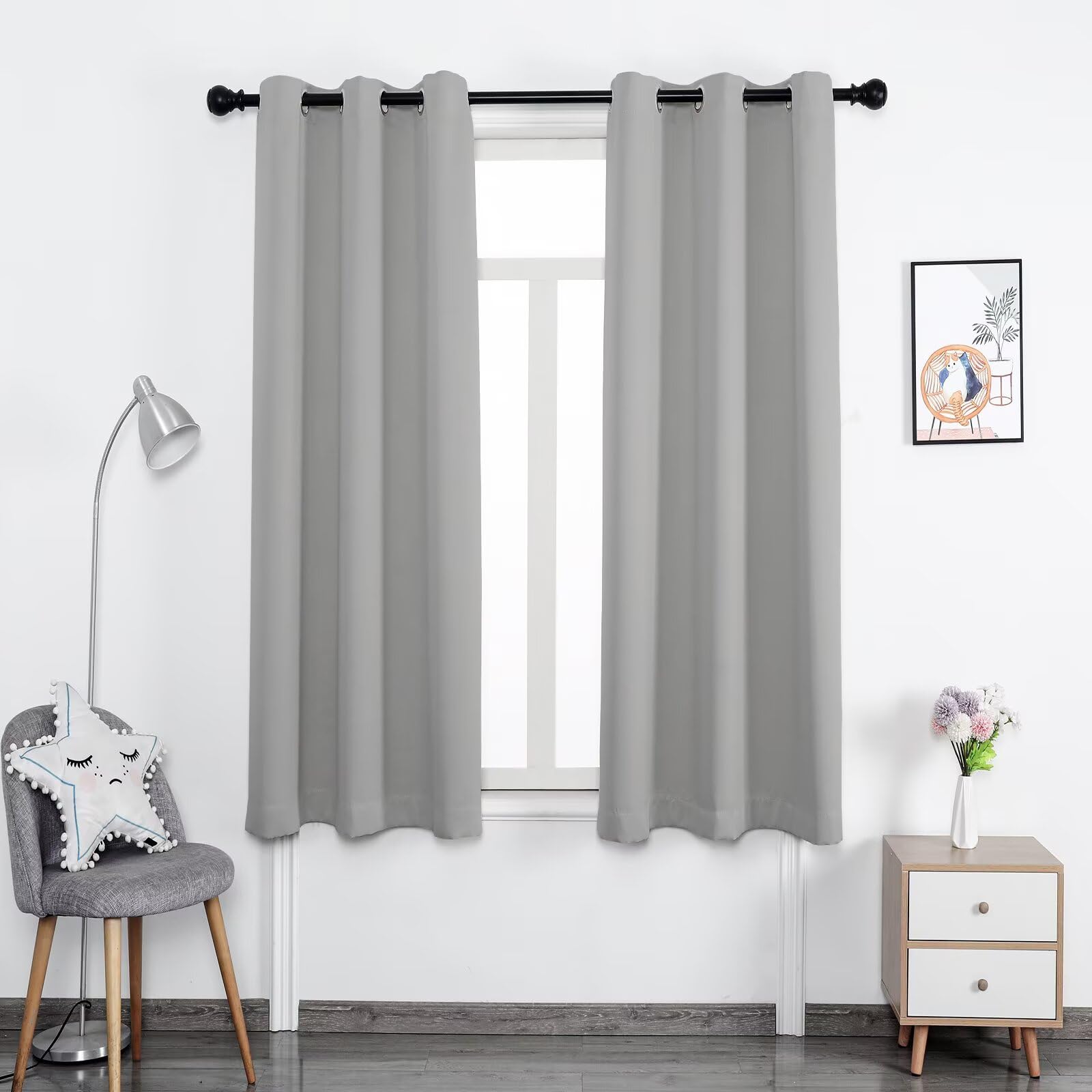 Hovoto Blackout Curtains, Blackout Privacy Panel, Eyelet Thermal Insulated Curtain for Bedroom, Soft Living Room Window Curtains Drapes 2 Panel, W 52" x L 63", Light gray
