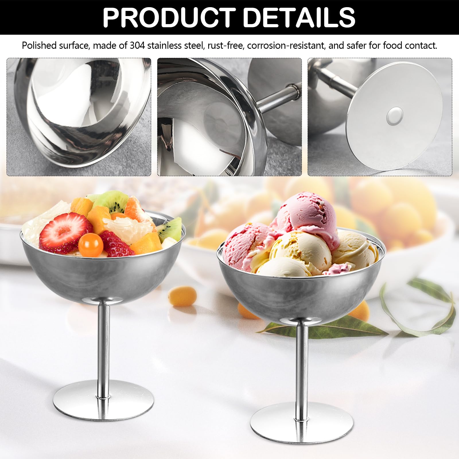 Copa de Helado, 4 Piezas Taza de Helado Tazón de Acero Inoxidable Copas de Ensalada Reutilizables Cuenco de Postre de 2O0 ml para Hacer Helados Frutas Pudín Postres (Alto)