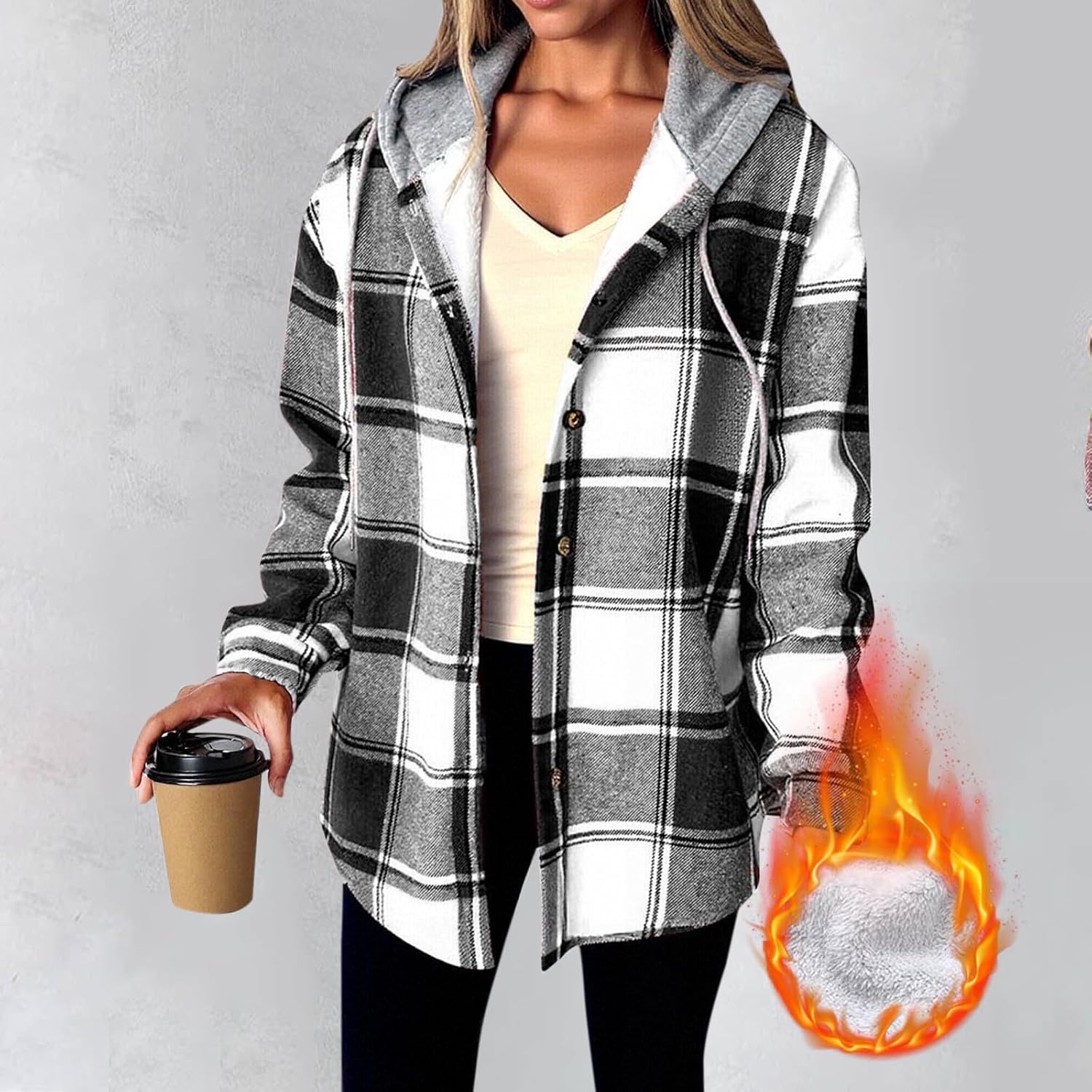 Flannel Jacket For Women Trendy - Fleece Lined Button Down Plaid Shacket Long Sleeve Hooded Jackets Fall Winter Coat - Image 2