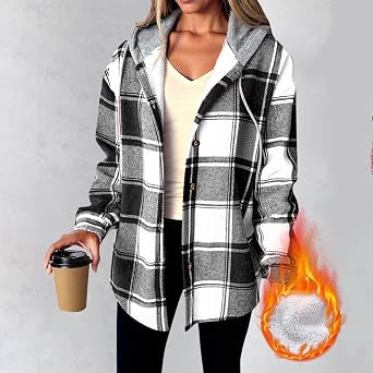 Plaid Jackets for Women 2025 Casual Long Sleeve Shacket Thick Fleece Lined Hooded Jackets Warm Coat Winter Sweatshirt