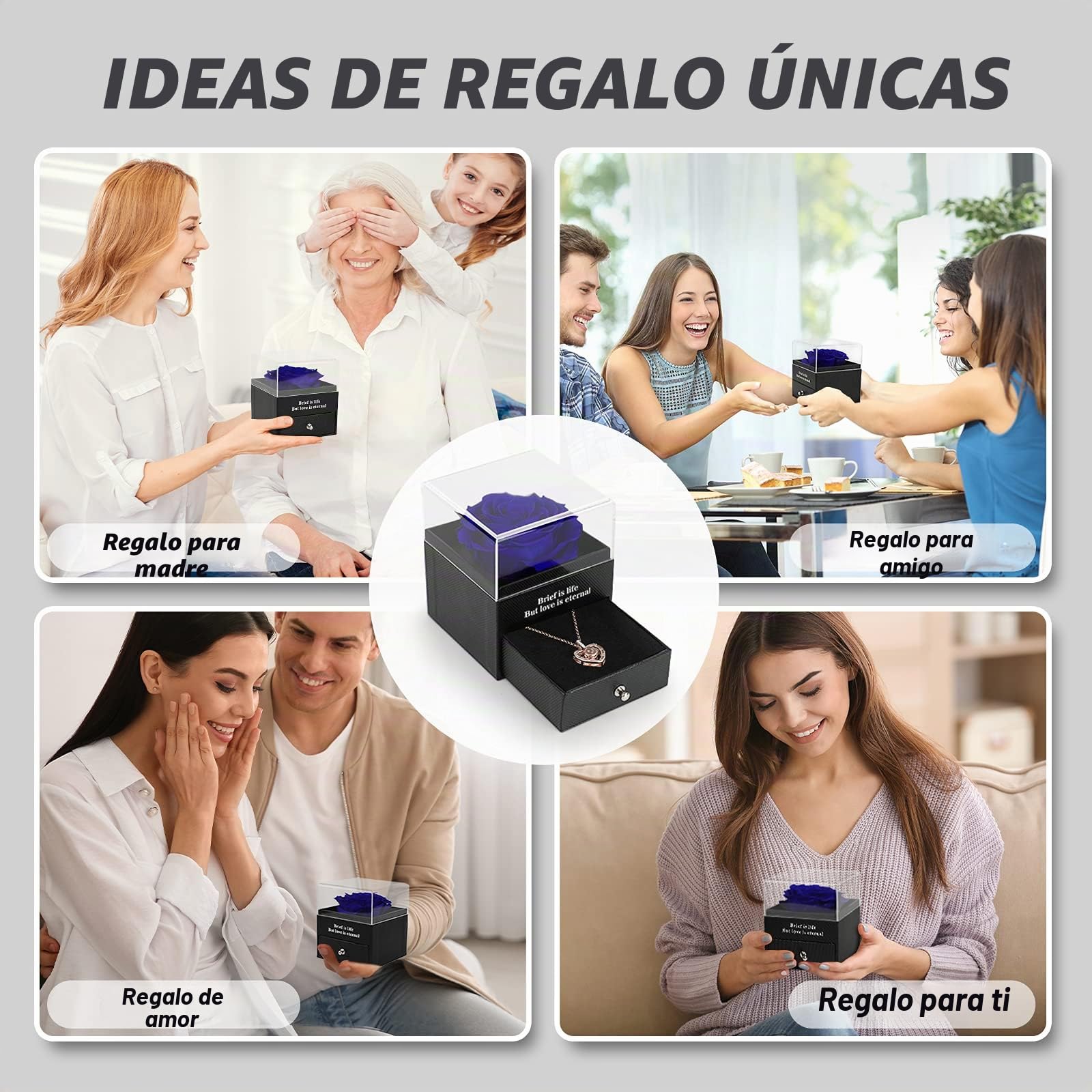 ADAZ Rosa Eterna con Collar, Flores Preservadas Hecha a Mano, Regalos Originales para Mujer, Día de la Madre, Regalo Navidad, Regalo San Valentin Mujer Novia Mamá