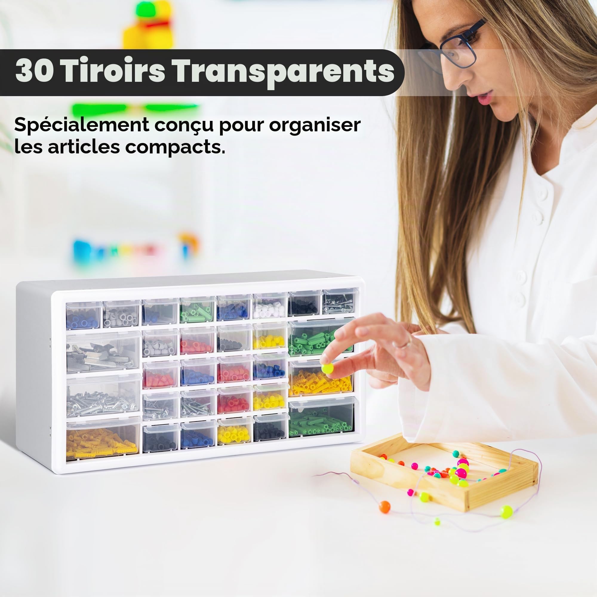 CraftGenes Meuble de rangement à vis à 30 tiroirs avec tiroirs coulissants lisses et séparateurs réglables - Meuble mural robuste en plastique pour garage, atelier et bricolage, vis, perles - Gris
